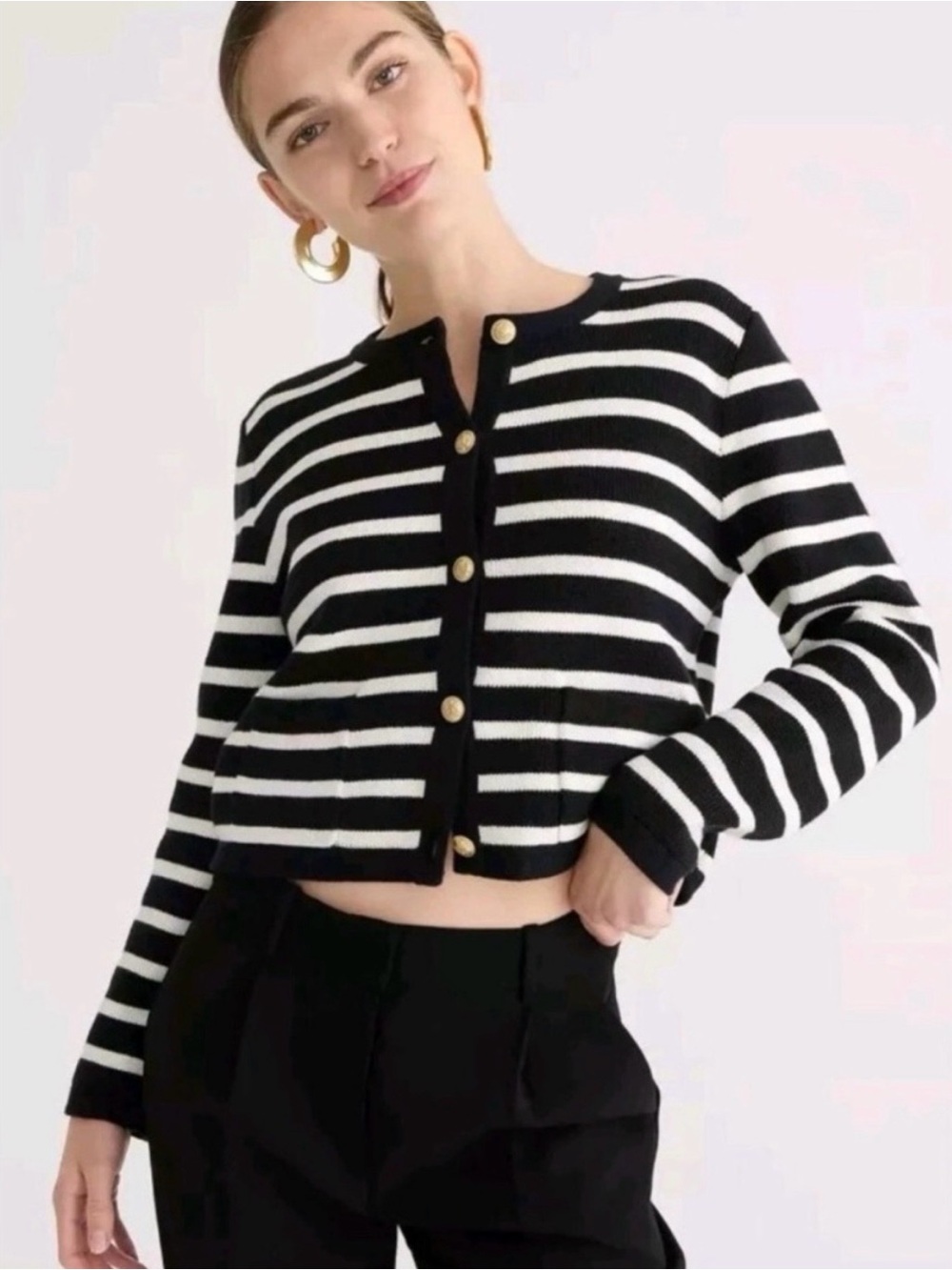 J Crew Black and White Stripe Button-Front Cardigan